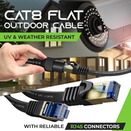 GearIT Cat 8 - Cable Ethernet plano para exteriores (6 pies, negro), con clasificación LLDPE para entierro directo – Cable de conexión RJ45 sin enganches, FTP protegido Cat8, 2000 MHz, 40 Gbps