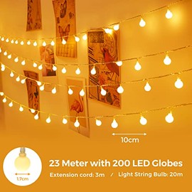 Realky LED Lichterkette Strombetrieben,23M Lichterkette Kugel warmwei? mit Stecker fr Au?en und Innen,IP65 Wasserdicht Lichterketten mit Dimmbar Fernbedienung,Ideal fr Zimmer,Weihnachten,Party,Garten