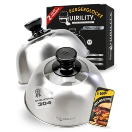 QUIRILITY Burger Bell, Stainless Steel, Set of 2, Grill Bell with Viewing Window, Melting Bell, Heat Resistant Handle, Burger Bell, Outdoor & Indoor, Bell for Smash Burgers, Food Bell, Dishwasher Safe