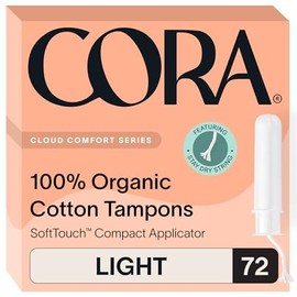 Cora Cora Organic Applicator Tampons | Light Absorbency | 100% Organic Cotton, Unscented, BPA-Free Compact Applicator | Leak Protection | Packaging May Vary | 72 Total