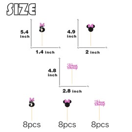 ShuanQ Pink Glitter Mini Mouse Inspired Cupcake Toppers with Bow - Kids Girls 5th Birthday Baby Shower Party Cupcake Decorations - Cartoon Theme Pink Mouse Party Supplies (5th)