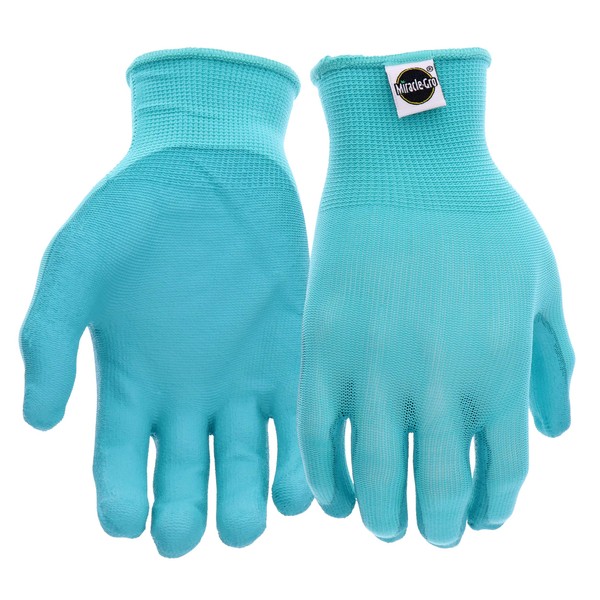 Miracle-Gro MG37164 Stretch Knit Gardening Gloves - Aqua Blue, Medium/Large, PU Work Gloves with Nylon Shell, Water Resistant