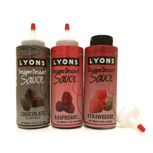 Lyons Dessert Sauces - Chocolate, Raspberry and Strawberry Syrups (Pack of 3) with Applicator Tips