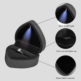 Wisebom Ring Box With LED Light, 7.2×6.6×4.5cm Heart Shape engagement ring box with velvet lining, Elegant minimalist ring box for weddings Valentine's Day and anniversaries, Black