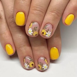 6 Packs (144 Pcs) Flower Press on Nails Short Square Fake Nails Floral False Nails with Designs Spring Summer Glue on Nails Full Cover Glossy Acrylic Stick on Nail for Women Girls Manicure