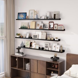 FLYJOE Picture Ledge Wall Shelves 48 inch Width Set of 4, Rustic Large Long Floating Ledge Shelves for Wall for Kid's Room Bedroom Kitchen Bathroom Living Room Nursery Display Wall Decor, Black