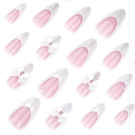 24 Pcs Press on Nails Short Almond Nail Tips,YEFIUO Pink Fake Nails Press ons White Glitter French Glue on Nails Acrylic Nail Art Kit Full Cover False Nails with Bow Pearls Design for Ma'am Beginners