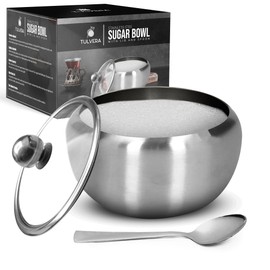 Sugar Bowl with Lid and Spoon | 12oz Sugar Container for Coffee Bar | Stainless Steel Holder Jar for Salt, Tea, Candy, Sugar Cube, Brown Sugar, Ghee | Kitchen Countertop Storage Accessories | 350ml