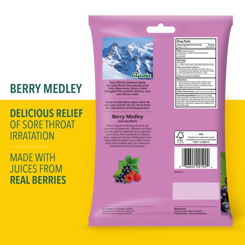 Ricola Berry Medley Throat Drops, 45 Count, Delicious Throat Relief