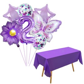 QFEHTHSK 7 Pieces Birthday Decoration Balloons, 1 Piece Table Cloth, 2nd Birthday Decorations, Butterfly Decoration Balloons, Birthday Decorations For Girls, Theme Party Decorations