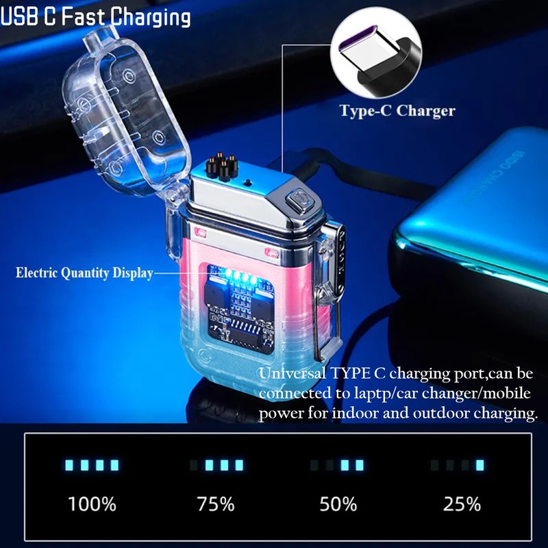 COMANYI Electric Lighter Waterproof Transparent Plasma Arc Lighter with LED