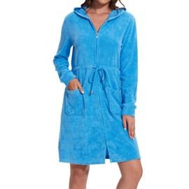 Mnamo Elegant women's bathrobe with hood and zip, made of terry cloth, short and light, turquoise
