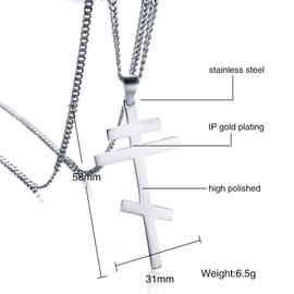 PJ JEWELLERY Men's Stainless Steel Russian Orthodox Cross Pendant Necklace Byzantine Empire Silver,Free Cuban Chain