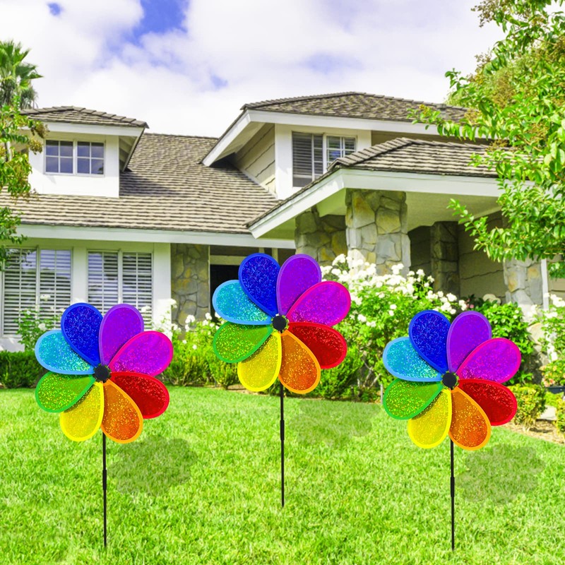LUKDUNG 4Pcs Colorful Garden Windmill, 30cm Rainbow Sparkly Windmills Spinners