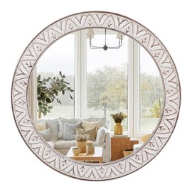 30" Round Wall Mirror, Farmhouse Wooden Frame Circle Mirrors, Rustic Large Decorative Wall Mounted Bathroom Mirror Distressed Hanging Mirrors for Living Room, Bedroom, Entryway, Fireplace, Hall