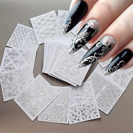 30 Sheets Silver Flower Nail Art Stickers Decals 3D Silver Lace Nail Decals Supplies Self Adhesive Cute Nail Stickers Hollow Flowers Manicure Sliders Lace Floral Nail Art Decorations for Women