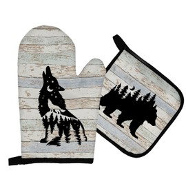 Mingnei Rustic Lodge Moose Deer Wolf Bear Oven Mitts and Pot Holders Sets, Log Cabin Forest Animal Resistant Hot Pads Rv Kitchen Decor for Cooking Baking BBQ Grilling, Camping Rv Oven Glove Set Gifts