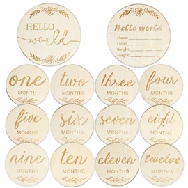 Oslynia 14 Pcs Baby Monthly Milestone, Wooden Double-Side Engraved Monthly Baby Milestone, World Hello Birth Announcement Sign, Excellent Record Of Growing Babys Milestones