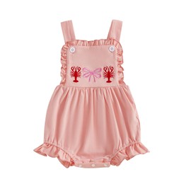 Smocked Baby Girl Clothes Crawfish Bow Embroidery Ruffle Sunsuit Shrimp Sleeveless Romper Bodysuit Cute Summer Outfit (Lotus Color, 12-18 Months)