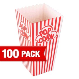 GSM Brands Popcorn Containers Boxes (100 Pack) - Striped White and Red Paper - for Home Movie Theater