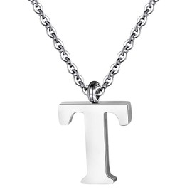 PARTNER Stainless Steel Silver Initial Necklace Alphabet Pendant Necklace 16" with 2" extender Women letter Necklace (Silver Initial T)