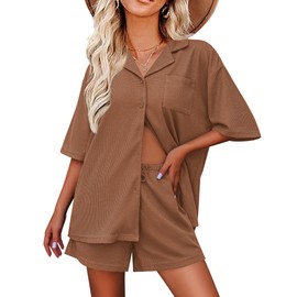 Ekouaer Waffle Knit Pajamas Short Sleeve Lounge Sets for Women Button Down Pjs 2 Piece Loungewear Shorts Set Brown