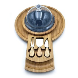 Bamboo Cheese Charcuterie Board, Natural-Edged Slate Cutting Stone, 3 Cheese Knives and an Acrylic Dome to Keep Your Food Fresh