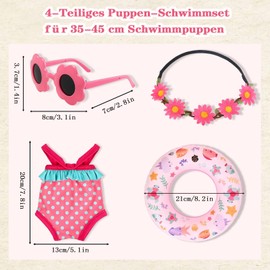 4-Teiliges Puppen-Schwimmset, Sommer-Puppenzubehör mit Badeanzug, Schwimmring, Haarband, Sonnenbrille – für 35-45 cm Schwimmpuppen (Rosa-A)