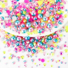 Towenm 60g Mix Flatback Pearls and Rhinestones, 2mm-10mm Jelly Rhinestones and Half Pearls for Tumblers Shoes Nails Face Art, Pearl Rhinestone Mix for Bedazzling, Pinks|Yellow|Light Blue