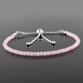 Natural Rose Quartz Gemstone Beads Bolo Bracelet, Adjustable Slider Box Chain, Energy Stones, Chakra Healing Crystals, Silver Plated, Birthstone, Gemstones Women Jewelry, Anniversary Gift