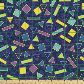 Lunarable Geometric Fabric by The Yard, 80s Memphis Fashion Style Pattern Retro Vintage Triangles Print, Decorative Fabric for Upholstery and Home Accents, 1 Yard, Purple Turquoise