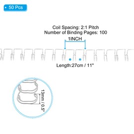 PATIKIL 13mm (1/2") Double Loop Wire Binding Combs, 50 Pcs Metal Twin Loop Binding Coils 100 Sheet Capacity 2:1 Pitch 21 Ring Binding Spines, Silver Tone