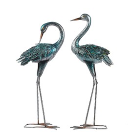 Kicust Garden Crane Statue for Outdoor, Blue Heron Decoy Garden Sculptures and Statues, Metal Bird Yard Art for Lawn Patio Decor, Set of 2