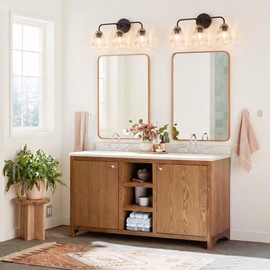 Helitemis 3-Light Bathroom Vintage Vanity Light Fixtures, Bathroom Wall Light with Flower Glass Shades Over Mirror, Black and Gold Vanity Light for Bathroom Mirror Dressing Room Bedroom Hallway