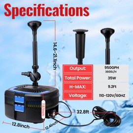 Pond Pump and Filter Kit 950GPH, Water Pump with Filter and Light, Submersible Fountain Pumps up to 2113 Gallons for Garden, Pond (2 sets of fliter sponges)