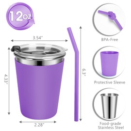 Vermida Kids Cups with Straws and Lids Leak Proof, 12oz Sippy Cups for Toddlers 1-3, 2 Pack Spill Proof Cups Stainless Steel Kids Cups with Lids for School, Outdoor (Pink & Purple)