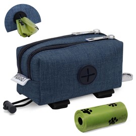 VOXGET Dog Poop Bag Holder for Leashes, Puppy Treat Pounch Carrier with 2 Zipper Pockets and Clip for Pets Training, Dog Waste Bag Dispenser with 1 Roll Poop Bags for Walking Accessories (Navy Blue)