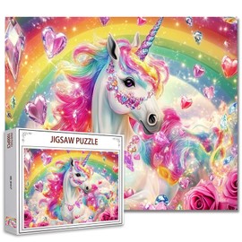 Pack of 1000 Puzzles for Adults Colourful Rainbow Unicorn Puzzle Unicorn Sparkling Heart Gemstones Roses 1000 Pieces Puzzles Fantsy Unicorn Horse Wall Decor DIY Craft Puzzle Decor Art