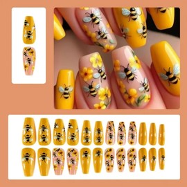 24Pcs Spring Press on Nails Medium Coffin Yellow Fake Nails Cute Flower False Nails with Bee Flower Designs Acrylic Nails Flower Glue on Nails Glossy Medium Artificial Stick on Nails for Women