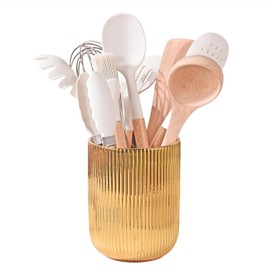 Satu Brown Utensil Holder, Ceramic Kitchen Gold Utensil Holder for Countertop,Cooking Utensil Crocks for Kitchen Counter 5.1 W x 6.6 H inches（Stripes）