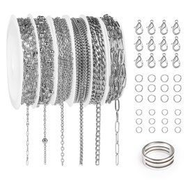Starry 52.5 FT Necklace Chains for Jewelry Making 6 Rolls Styles 304 Stainless Steel Jewelry Chains for DIY Silver Chain for Jewelry Making with Stainless Steel Jump Rings,Lobster Clasps,Connectors