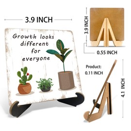 WUZYOU Motivational Decor, Growth Looks Different For Everyone Wooden Plaque Sign with Holder Stand 3.9x3.9 INCH, Office Desk Sign, Graduation Gift Idea