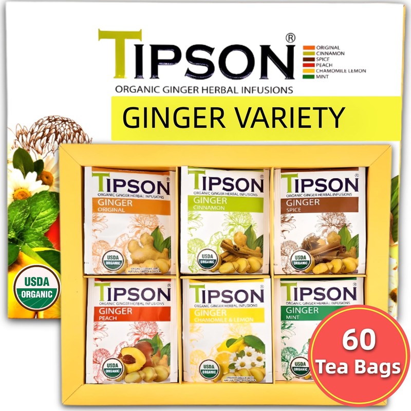 Tipson Organic Ginger Variety Sampler - 6 Flavors (60 Tea