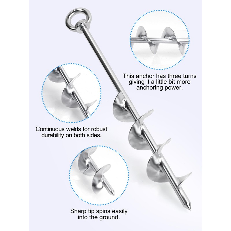 Abimars 17" Sand Anchor Kit, 304 Stainless Steel Triple Spiral