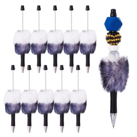 Beadthoven 10pcs Fluffy Beadable Leopards Pens Pom Pom Beaded Pens DIY Plastic Pen Assorted Cute Pens Shaft Black Ink Ballpoint Pens for DIY Making Supplies Gift Office School White/Black