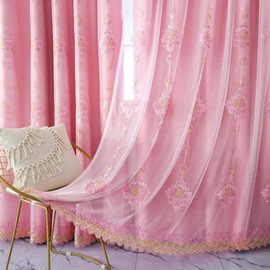 Amidoudou 1 Pair European Luxury Double Layered Curtains High-Blackout Embroidered Curtains with Valance for Living Room Bedroom Balcony (Pink,59x84 Inch)
