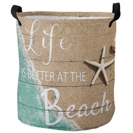 Laundry Basket Summer Coastal Starfish Teal Sea,Waterproof Collapsible Clothes Hamper Life is Better at Beach Seashells Farm Wood Planks,Large Storage Bag for Bedroom Bathroom 13.8x17In