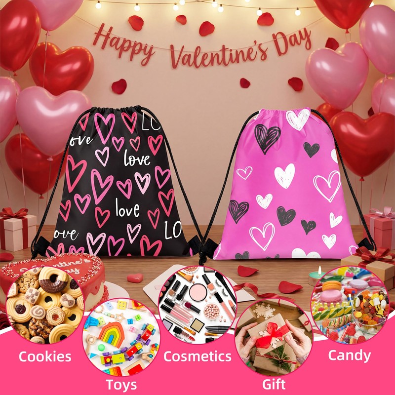 Bafeil 12 Pcs Valentines Day Drawstring Bags Bulk Reusable Heart
