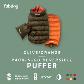 fabdog Dog Puffer Coat - Reversible Pack N Go Dog Coats for All Breeds - Comfy & Colorful Dog Jackets are Ideal Gifts - Clothes Fit Necks 22" | Olive/Orange
