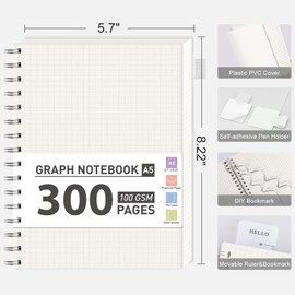 RETTACY Notepad A5 Squared Spiral Notebook 100gsm with 300 Pages/150 Sheets for Drawing, Plastic PVC Hard Cover for Diary, College, Conference, Travel, 14.5 x 21 cm Transparent